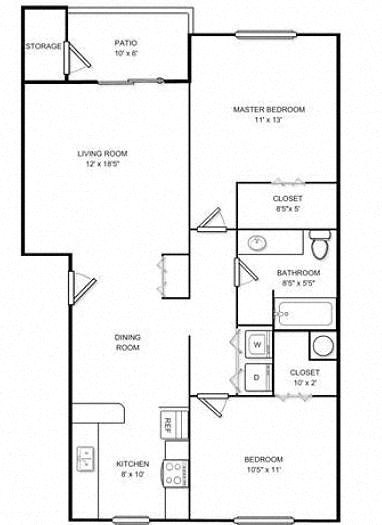 Floor plan for 2 beds, 1 bath, 963 sqft